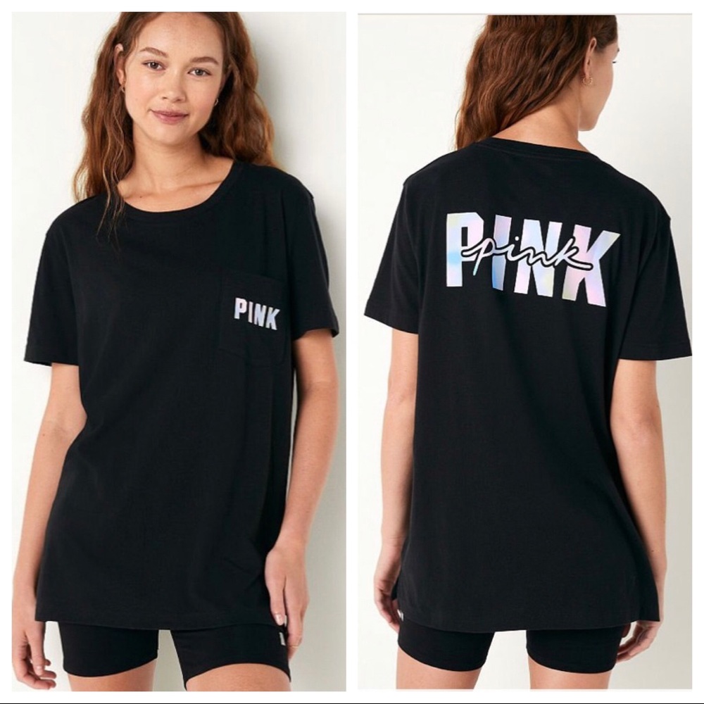 VS VICTORIAS SECRET PINK CAMPUS SHORT SLEEVE TEE TOP BLACK BLUR LOGO M - Picture 1 of 7